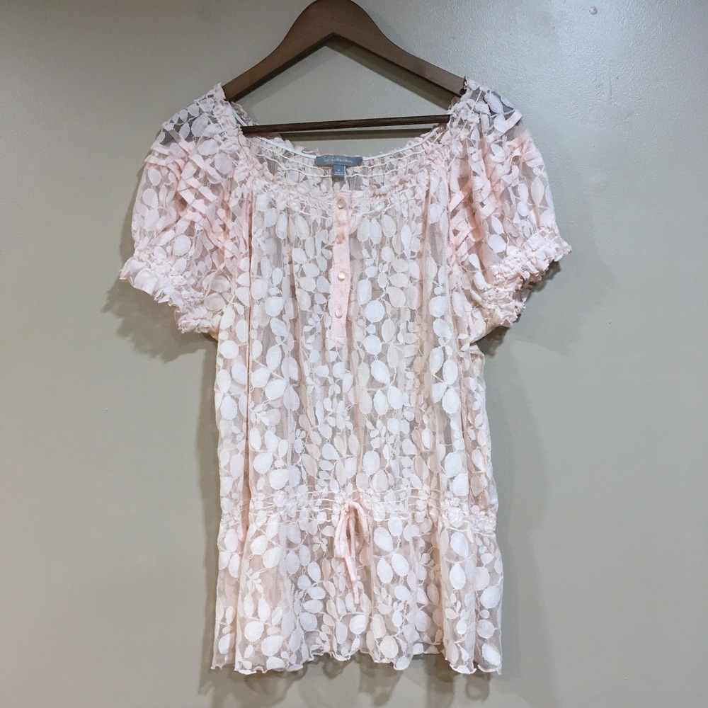 NY Collection Sheer Lace Blouse Womens XL Pink Romantic Coquette Cottage Dainty